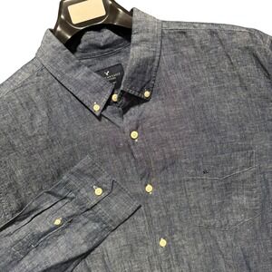 American Eagle Mens Shirt XL Seriously Soft Linen Blend Blue Chambray Button